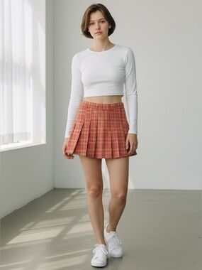 Tenniscore classic pleated plaid coral mini skirt built in short preppy small